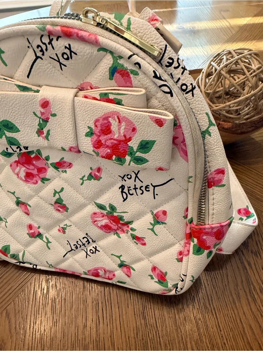 Betsey Johnson Floral Mini Backpack White Pink Roses Bow Purse